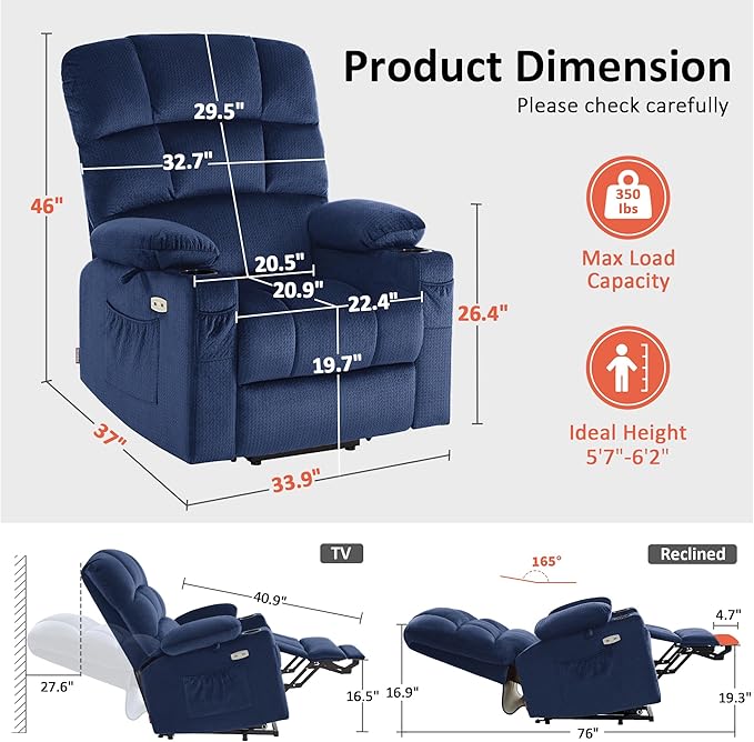 MCombo Large Dual Motor Power Lift Recliner Chair for Elderly, Massage and Heat, Lay Flat, Zero Gravity, Home Button, USB Port, Fabric 7680 (Large, Navy Blue)