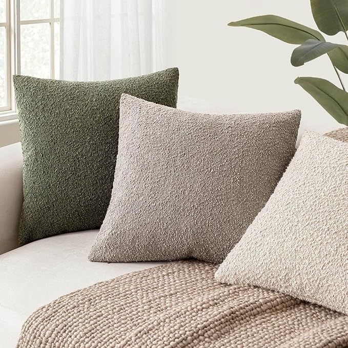 Foindtower Set of 2, Decorative Textured Boucle Throw Pillow Covers Accent Solid Pillow Cases Neutral Soft Cozy Couch Cushion Case for Chair Sofa Bedroom Living Room Home Decor 16x16 Inch Light Taupe