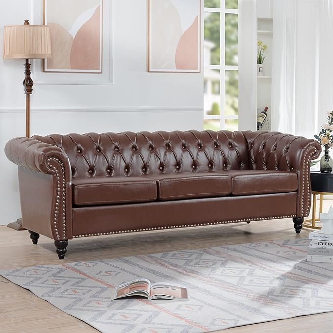 LEVNARY Chesterfield Sofa, Classic Tufted Upholstered Leather Couch, Modern 3 Seater Couch Furniture with Tufted Back for Living Room Office (Dark Brown)