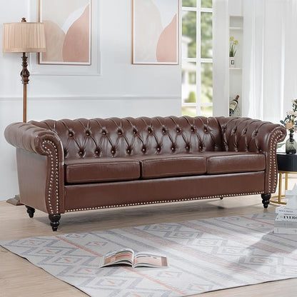 LEVNARY Chesterfield Sofa, Classic Tufted Upholstered Leather Couch, Modern 3 Seater Couch Furniture with Tufted Back for Living Room Office (Dark Brown)