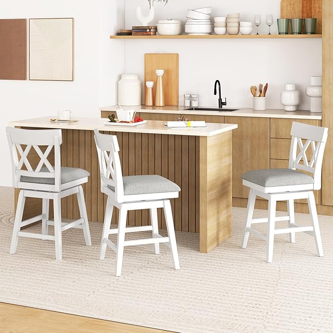 COSTWAY Bar Stool Set of 3 for Kitchen Island, 26" Counter Height Chair with Ergonomic Backrest, Foot Rest, Padded Seat & Solid Wood Structure, 360°Swivel Farmhouse Barstool with Back
