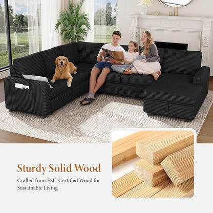 Vesgantti 113.6" Modular Sectional Sofa with Pull Out Couch Bed, 7 Seater U Shaped Sleeper Sofa with Storage Chaise, Corduroy Sectional Couch for Living Room, Bedroom, Apartment, Black