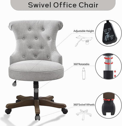 Home Office Adjustable Height Swivel Chair With Wheels - Linen Fabric Upholstered Computer Desk With Wooden Legs - Comfortable Armless for Study Studio (Light Grey)
