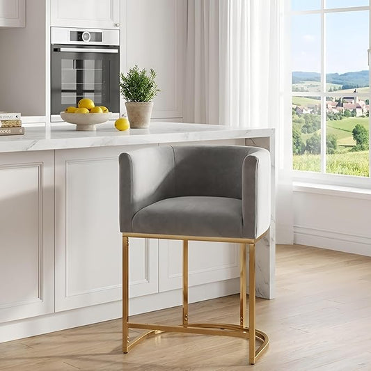 Contemporary Grey Velvet Bar Stool, 24" Upholstered Fabric Counter Height Barstool Kitchen Counter Island Stool with Screwed Together Golden Metal Base