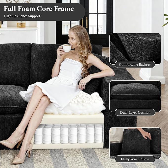 108" Sectional Couches for Living Room Boneless Couch Upholstered Cloud Couch Sectional Modular Sectional Sofa with L Shaped (Chenille-Black, 4 Seat+2 Ottoman)