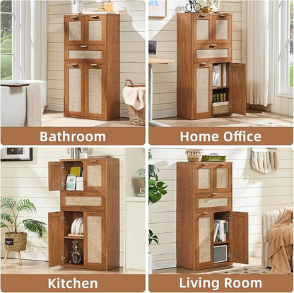 LEYAOYAO 48" Tall Storage Cabinet Set of 2,Rattan Bathroom Floor Cabinets with 4 Doors & 1Drawer,Boho Kitchen Pantry with Adjustable Shelves,Wooden Cupboard for Living Room,Home Office,Brown