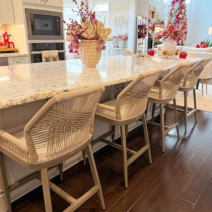 PURPLE LEAF 4 Pieces Bar Stools Patio Modern Rattan Barstools Aluminum Woven Tall Bar Chairs with Cushions for Outdoor Kitchen Island Garden