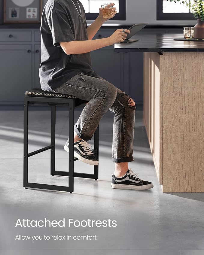 VASAGLE EKHO Collection - Bar Stools Set of 2, Counter Height Bar Stools, Synthetic Leather with Stitching, Mid-Century Modern Counter Stools, 26-Inch Tall, Kichen Home Bar Dining Room, Ink Black