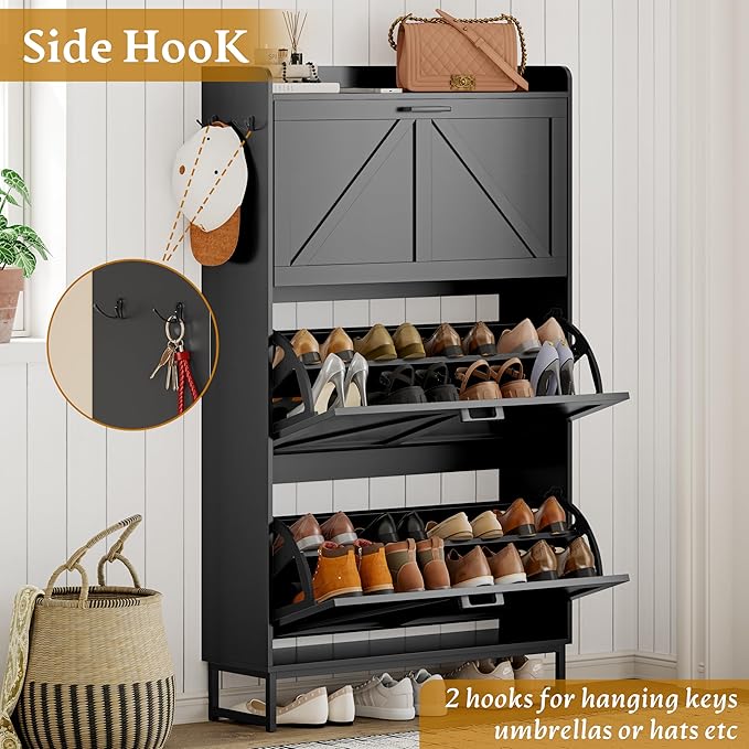 Shoe Cabinet Storage for Entryway, Shoe Storage Cabinet with 3 Flip Drawers, Freestanding Narrow Shoe Rack Organizer with Metal Legs & Side Hook for Foyer, Hallway, Black