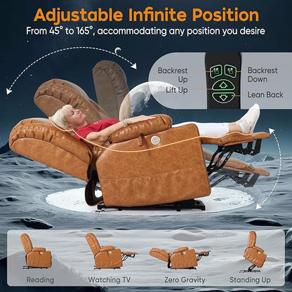 ABCASA Oversized Zero Gravity Power Lift Recliner Chair for Elderly Set of 2, Wide Dual Motor Recliners, Heat & Massage, Charging Ports, Cup Holders, Extended Footrest, PU Leather, Orange Brown
