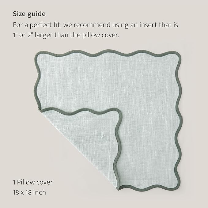 Double Stitch Scalloped Throw Pillow Covers - 100% Cotton Decorative Boho Pillow Covers 18 x 18, Made in India, Square Cushion Case, Grandmillennial Decor for Couch Sofa Living Room, Aqua Mint