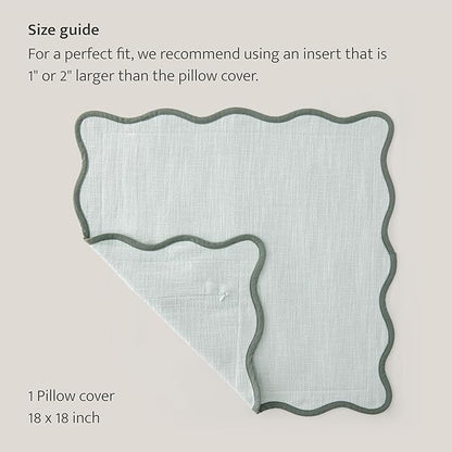 Double Stitch Scalloped Throw Pillow Covers - 100% Cotton Decorative Boho Pillow Covers 18 x 18, Made in India, Square Cushion Case, Grandmillennial Decor for Couch Sofa Living Room, Aqua Mint
