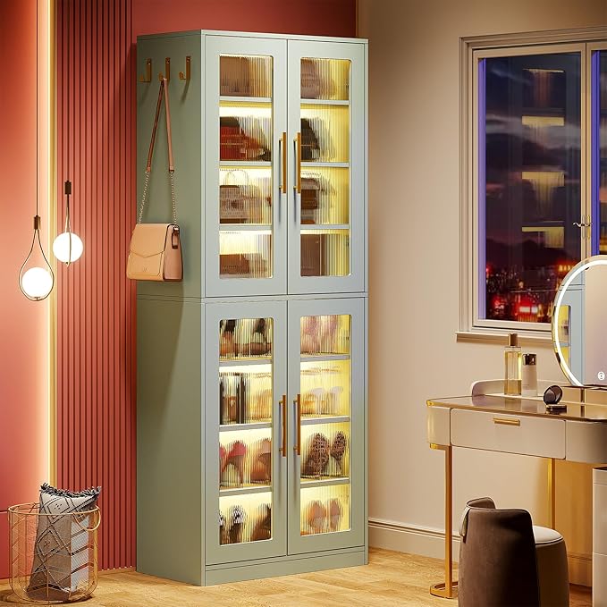 Tribesigns Tall Shoe Storage Cabinet with Acrylic Doors and LED Lights, 8-Tier Entryway Shoe Organizer Rack with Adjustable Shelves and Hanging Hooks for Narrow Closet, Hallway, Mint Green (Set of 2)
