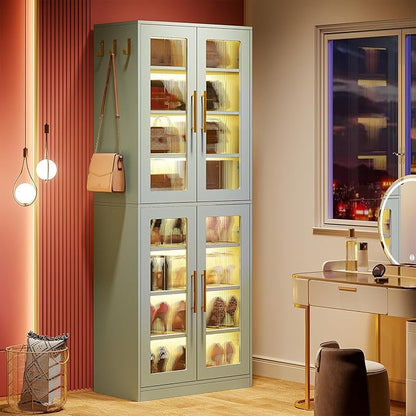 Tribesigns Tall Shoe Storage Cabinet with Acrylic Doors and LED Lights, 8-Tier Entryway Shoe Organizer Rack with Adjustable Shelves and Hanging Hooks for Narrow Closet, Hallway, Mint Green (Set of 2)