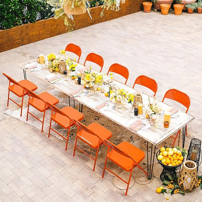 VINGLI Folding Chairs All Steel Metal Frame, Capacity 350 lbs, Durable Portable and Versatile for Indoor Outdoor Use, Orange, Set of 8