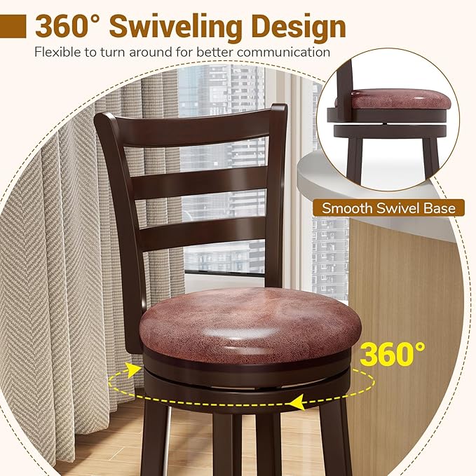 COSTWAY 26" Counter Height Stools Set of 2, Swivel High-Top Chairs with Backrest & Faux Leather Padded Seat, Rubber Wood Counter Barstools with Footrest for Kitchen, Dining Room, Pub (2,26'')