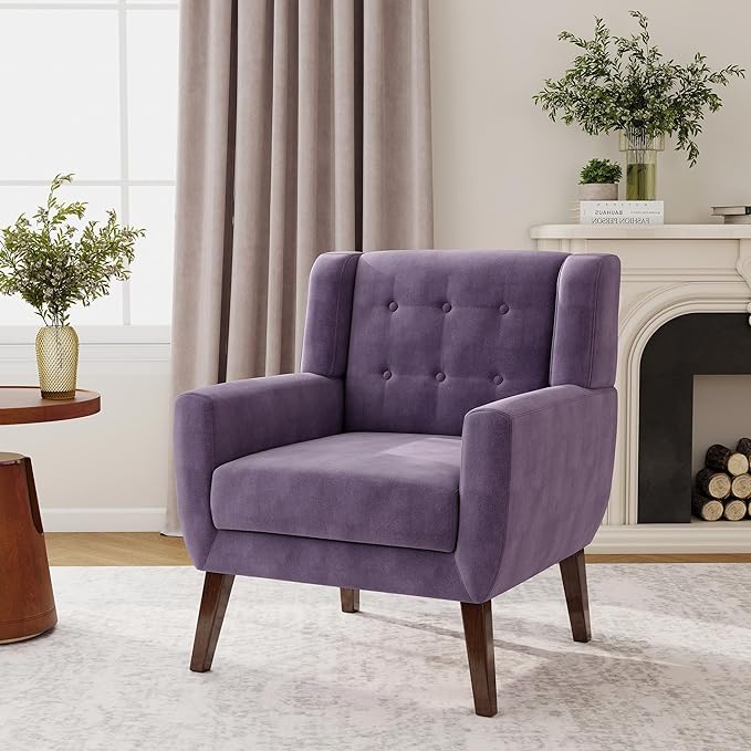 Lumibee Accent Chair, Modern Velevet Armchair for Living Room, Comfy Upholstered Arm Chair Tufted for Indoor Bedroom Office Room (Purple Velvet)