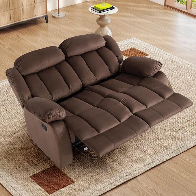INZOY Manual Loveseat Recliner Sofa with Padded Armrest, Wall-Hugger 2 Seat Reclining Love Seat Couches with Overstuffed Back, Double Seater Reclining Chair for Living Room Theater Seating, Brown