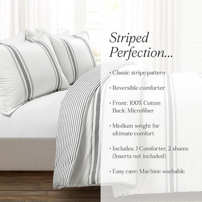 Lush Decor Farmhouse Stripe Reversible Cotton Comforter Set, 3 Piece Set, Full/ Queen, Dark Gray - Cozy Farmhouse Bedding Set - Rustic Decor - Striped Comforter - Modern Farmhouse Bedroom Decor