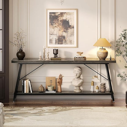 Homieasy 70.9 Inch Extra Long Console Table, Industrial Sofa Table Behind Couch with Charging Station & Storage Shelf, Entryway Table for Living Room & Entryway, Grey Oak