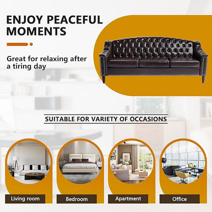LEVNARY Mid-Century Modern Leather Couch, 80" Large Upholstered Sofa with High Back, Chesterfield Sofa Sleeper Settee with Solid Wood Legs, Tufted 3 Seater Wide Couches for Living Room Office (Brown)