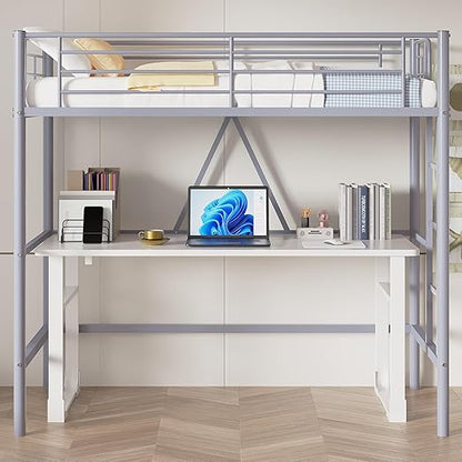 VECELO Metal Loft Bed Twin Size, Heavy Duty Bedframe with Removable Ladder and Safety Guardrail, Space-Saving, Noise Free, No Box Spring Needed, Grey