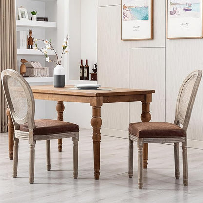Farmhouse Leather Dining Chairs Set of 2 French Dining Room Chairs with Round Rattan Back Bistro Chairs for Dining Room/Living Room/Restaurant/Kitchen, Brown