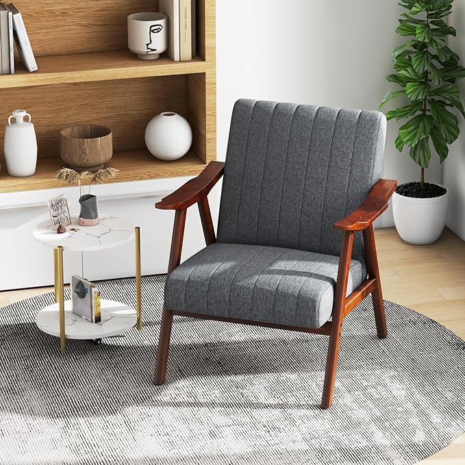 Giantex Mid-Century Modern Accent Chair, Upholstered Comfy Living Room Chair with Arms, Anti-Slip Felt Pads, Wooden Frame Soft Padded Armchair for Living Room Bedroom Office Study, Light Grey
