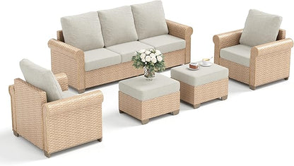 Patio Furniture Set 5 pcs, Wicker Rattan Sofa with 5.5" Thick Waterproof Cushions, 2 Chairs and Ottomans, All Weather Outdoor Conversation Set for Backyard Deck, 7 Seats Beige