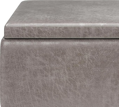 SIMPLIHOME Owen 34 inch Wide Mid Century Modern Rectangle Tray Top Small Coffee Table Storage Ottoman in Distressed Grey Vegan Faux Leather, Assembled, For the Living Room, Entryway and Family Room