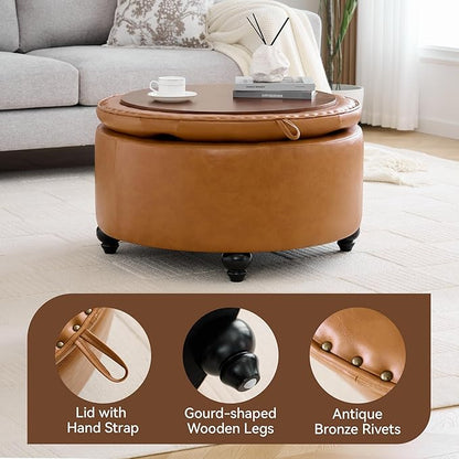 30Inch Round Storage Ottoman with Tray, Modern Tufted Leather Circle Coffee Table with Storage, Upholstered Ottoman with Removable Top for Living Room, Bedroom, Leather Brown