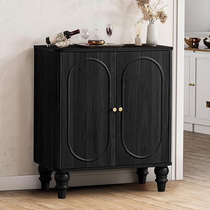 ORRD Fluted Storage Cabinet, Modern Credenza Wooden Accent Sideboard Buffet Cabinet Set of 2 with Adjustable Shelves and Solid Wood Legs, Console Table for Kitchen Dining Living Room Entryway, Black