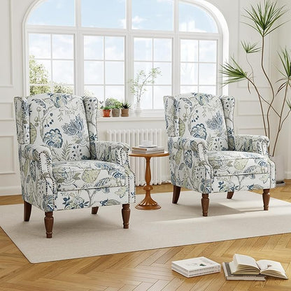 Accent Chair, Upholstered High Back Floral Armchair with Nailhead Trim & Wood Legs, Comfy Wingback Reading Single Sofa Chair for Small Spaces, Living Room, Bedroom ( Plants Blue Floral, Set of 2)
