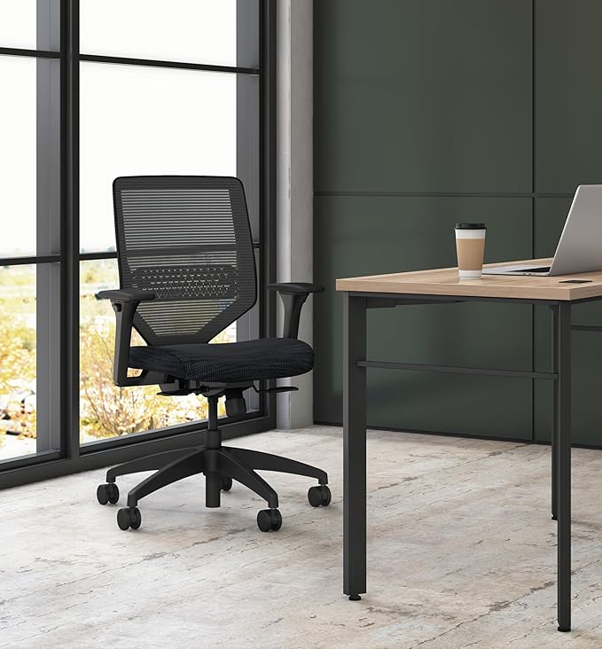 HON Solve Task Chair, Ergonomic Office Chair Mesh Back Support, Adjustable Lumbar Support, with Wheels, Height-Adjustable Arms, for Computers, Desks, Home Office, Black