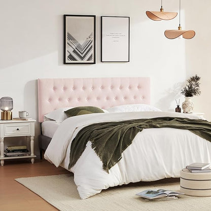 Tufted Upholstered Headboard King Size, Solid Wood Head Board with Durable Metal Legs, Adjustable Height Bed headboard from 37” to 51” Fabric Headboard in Modern Button Design, Pink