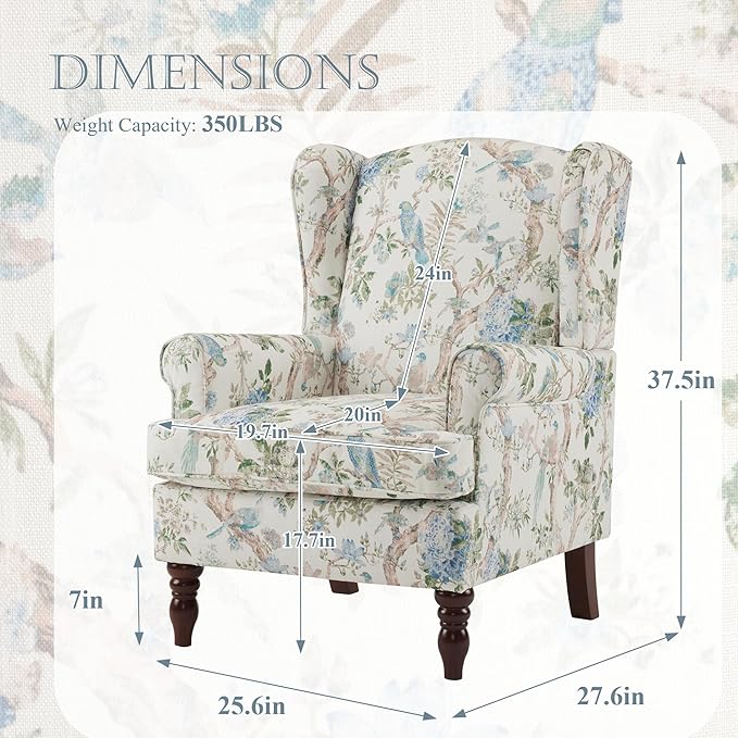 MELLCOM Floral Accent Chair, High Back Upholstered Armchair with Solid Legs, Leisure Single Sofa Chair for Living Room, Bedroom, Home Office, Light Blue Floral&Bird