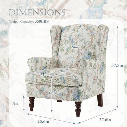 MELLCOM Floral Accent Chair, High Back Upholstered Armchair with Solid Legs, Leisure Single Sofa Chair for Living Room, Bedroom, Home Office, Light Blue Floral&Bird