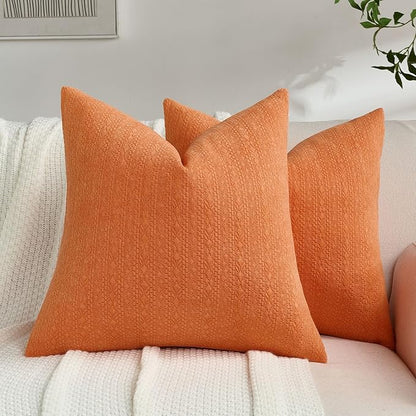 FUTEI Orange Chenille Throw Pillow Covers 18x18 Inch Set of 2,Soft Striped & Diamond Textured Cushion Cases,Modern Home Decor for Couch Living Room