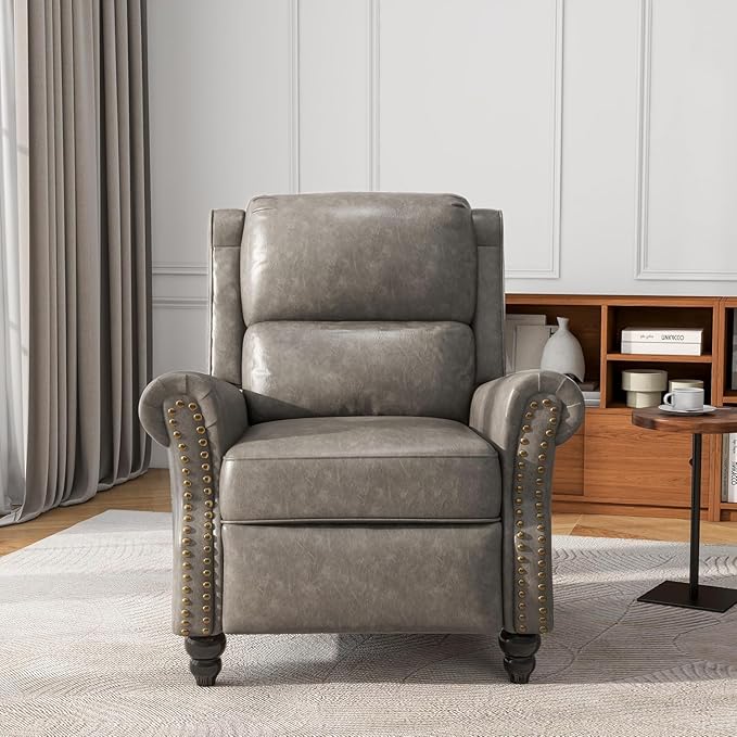 UIXE Faux Leather Recliner Chair, Pushback Armchair Overstuffed Accent Chair for Living Room, Rivet Trim Club Chair Home Theater Single Sofa Bedroom Side Reading Seat - Gray