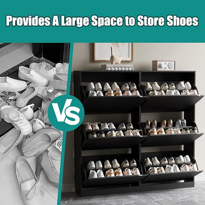 Shoe Storage Cabinet for Entryway with 6 Flip Drawers, Sturdy Wood Hidden Shoe Storage, Freestanding Narrow Slim Shoe Organizer for Front Door Entrance, Living Room, Hallway, Bedroom, Black
