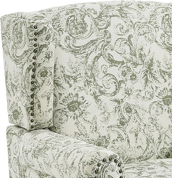 UIXE High Back Accent Chair, Fabric Upholstered Armchair for Living Room, Floral Printed Wingback Arm Chair with Solid Wood Legs, Retro Nailhead Trim Single Sofa Bedroom Reading Seat - Rococo Green