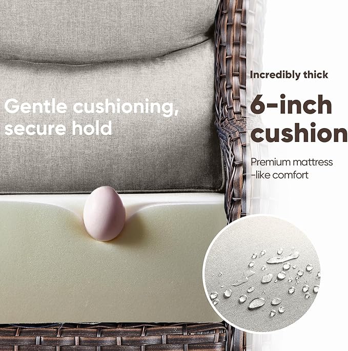 Swivel Patio Chairs sofa Set of 7 with 6" Thick Cushion - Wicker Outdoor Swivel Rocker Patio Chair ,Sofa/Glass coffee table, High Back Comfortable Outdoor Glider Chairs - Brown Wicker Beige Cushions