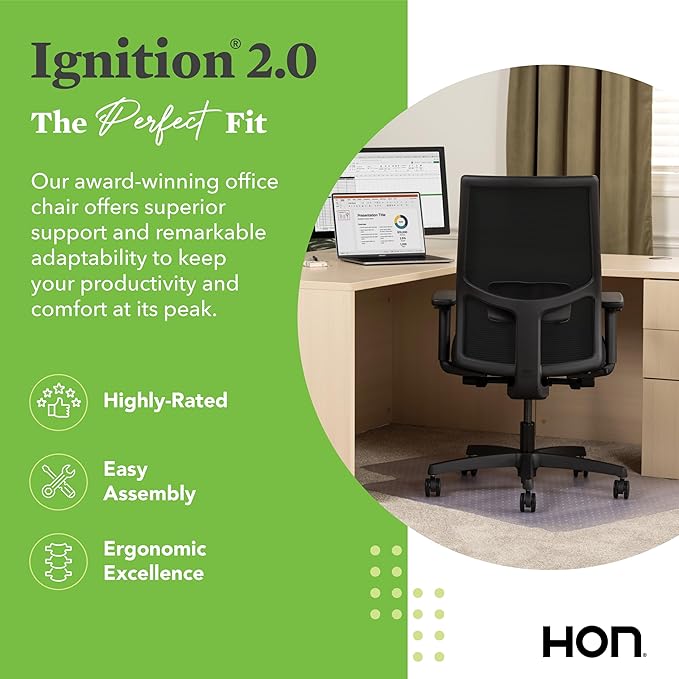 HON Ignition 2.0 Mid Back Task Chair, Spectrum Mesh, Advanced Synchro-Tilt Control, Office Chair with Lumbar Support, Height and Width Adjustable Arms, Black Frame, Linen