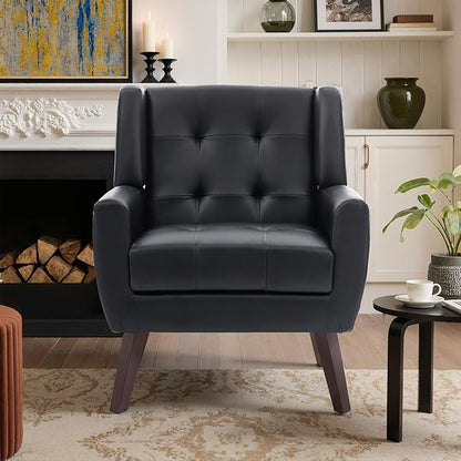 Faux Leather Accent Chair, Mid-Century Modern Upholstered Armchair, Comfy Living Room Chairs Reading Chairs with Button Tufted Back & Solid Wood Legs for Bedroom, Office, Black