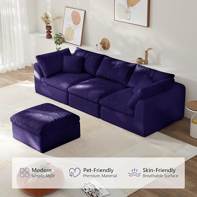 108" Boneless Cloud Couch Modular Sectional Sofa with Deep Seat for Living Room, L Shape Couch with Ottoman, Snowflake Cloth and 40D Memory Sponge，2 Throw Pillows (Purple, 3 Seater+1 Ottoman)