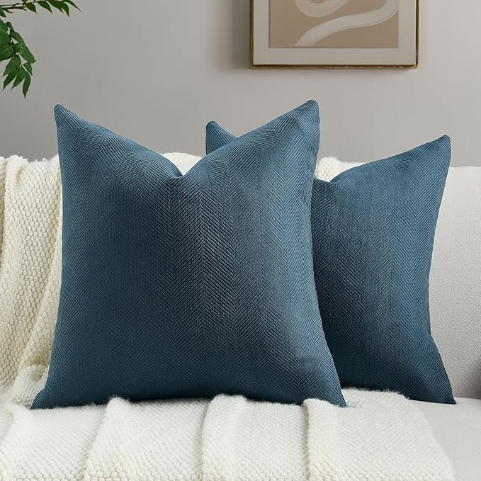 FUTEI Navy Blue Chenille Throw Pillow Covers 24x24 Inch Set of 2,Soft Wide Chevron Textured European Pillow Shams,Farmhouse Home Decor for Couch Bed Living Room