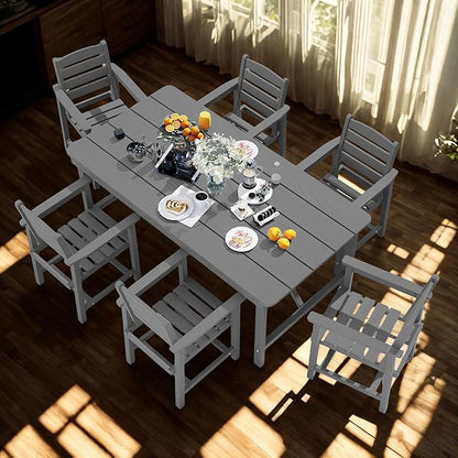 7 Piece Patio Dining Set with 11ft Patio Umbrella (Beige), 7 Gray Outdoor HDPE Dining Set with 6 Chairs + 1 Large Table with 2" Umbrella Hole, for Market, Pool, Garden, Backyard, Deck