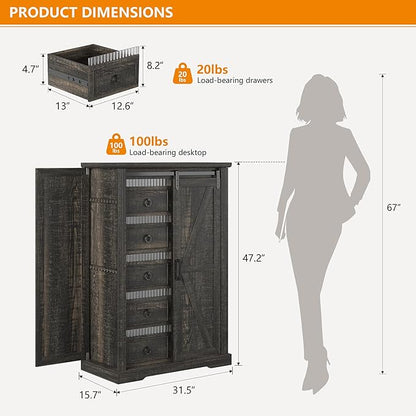 5 Drawers Dresser for Bedroom w/Sliding Barn Door, Farmhouse Wood Dresser with LED Lights, Chest of Drawers Tall Dressers for Bedroom, Living Room, Hallway, Kids Room, Brown
