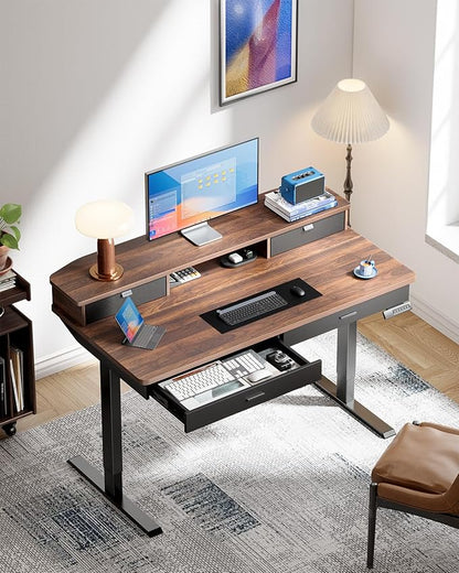 HUANUO 48 x 30 inch Electric Standing Desk with 4 Drawers, Adjustable Height Sit Stand Home Office Desk with Two Tiers, Ergonomic Adjustable Stand up Desk C-Clamp Monitor Mount Compatible, Walnut