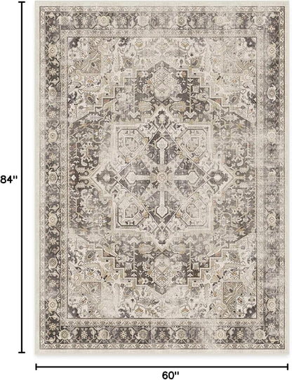 RUGGABLE Washable Vintage Area Rug – Kamran Hazel 5x7, Stain-Resistant, Non-Slip – Medium Machine Washable Rugs for Living Room, Bedroom, Hallway, Entryway & Office–with Cushioned Pad